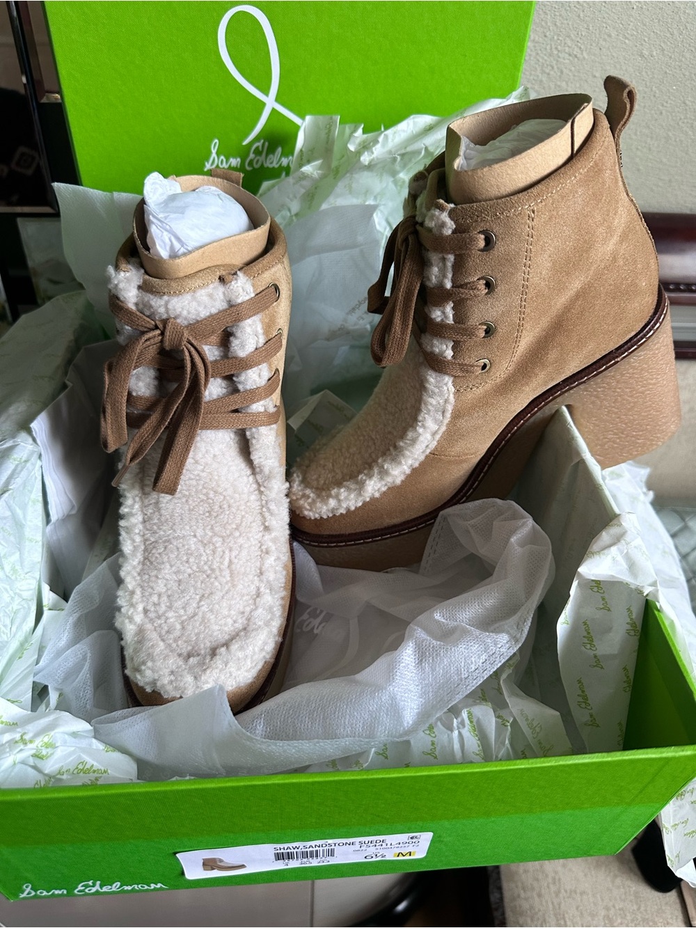 Sam Edelman Tan Suede Lace-Up Sherpa Platform Ankle Boots